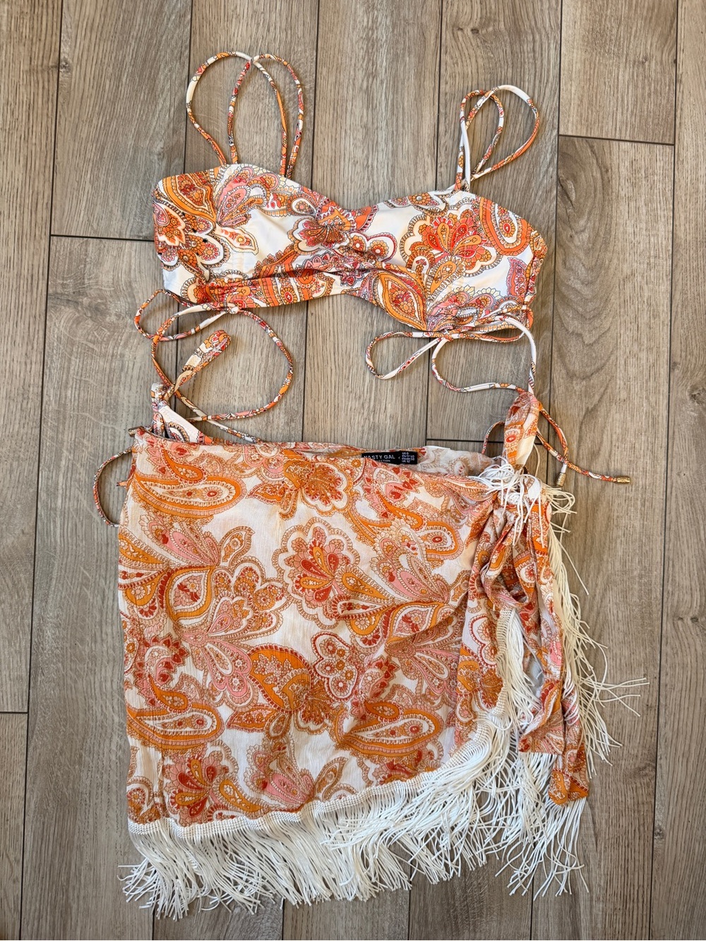 Nasty Gal Orange and White Paisley 4 pc bikini sarong and wrap top set
